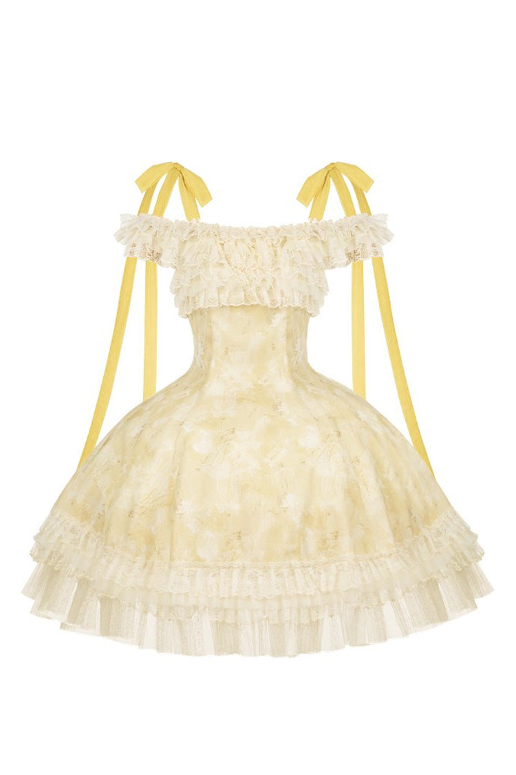 Yellow Falling Flowers as a Message Square Collar Flying Sleeves Print Ruffle Lace Sweet Elegant Lolita Short Dress