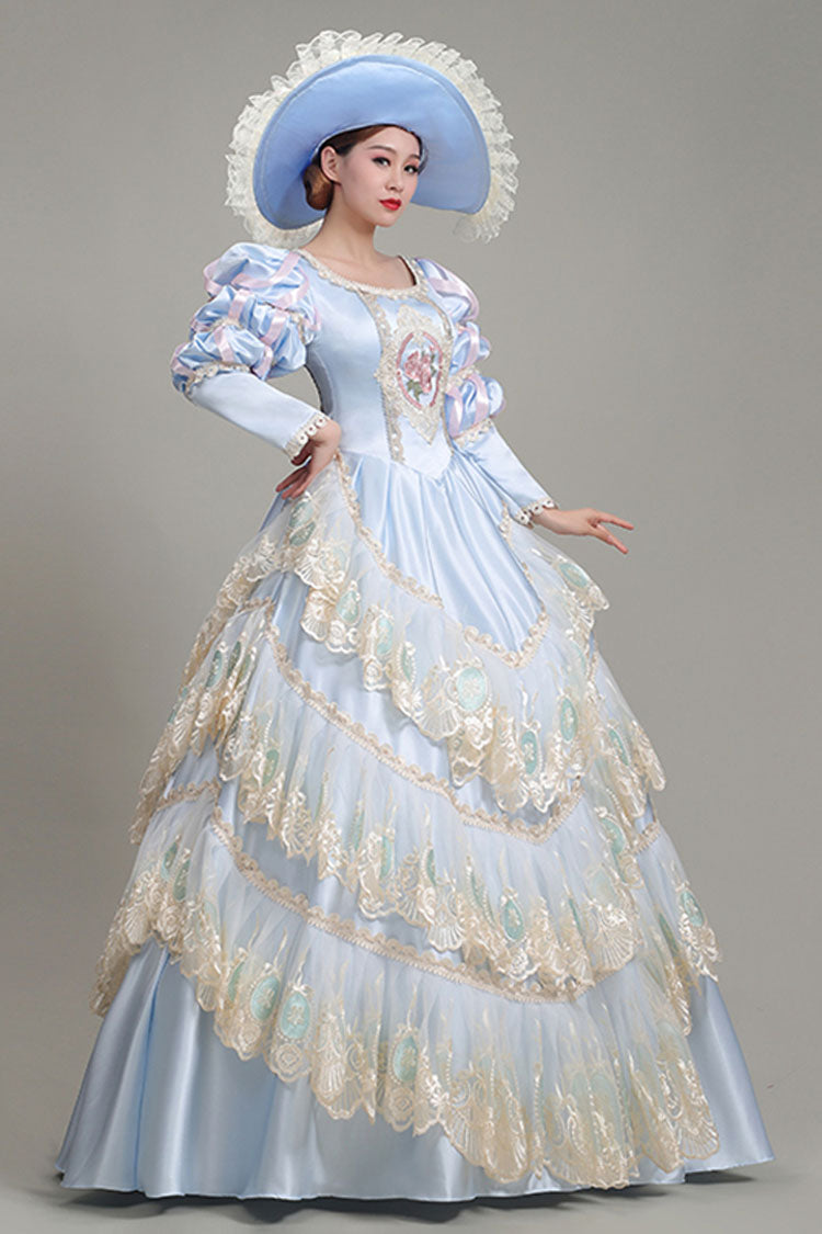 Light Blue Long Sleeves Multi-Layer Lace Stitching High Waisted Hollow Embroidery Floral Print Victorian Lolita Prom Dress