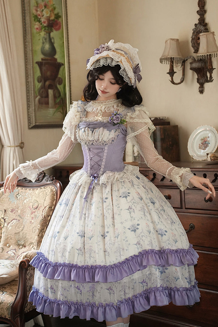 Purple/Ivory Iris Secrets Double-Layered Print Ruffle Bowknot Lace-Up Fake Two Pieces Sweet Lolita Jsk Dress