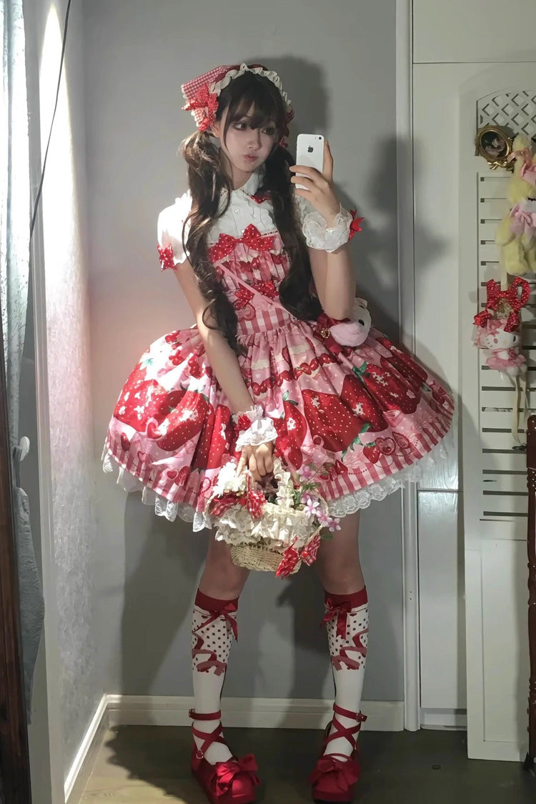 Dream to Strawberry Print Ruffle Bowknot Lace Sweet Lolita Jsk Dress 4 Colors