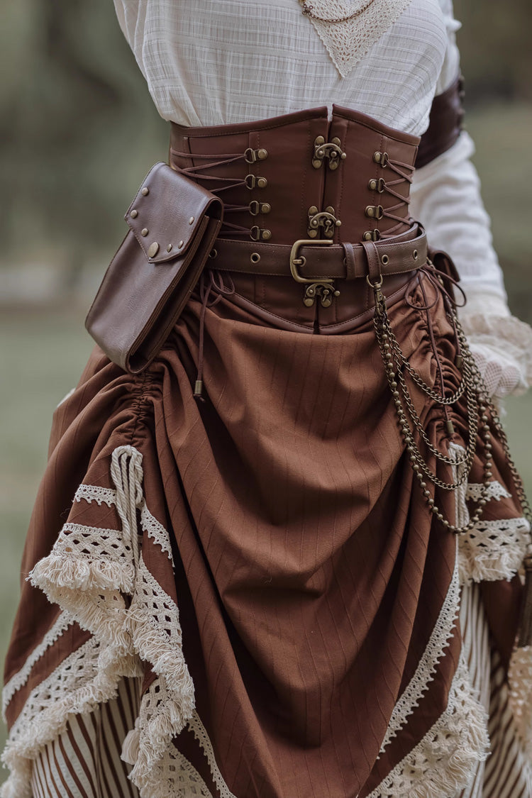 White/Brown Victorian Style Triple-Layered Striped Print Ruffle Classic Vintage Lolita Basil Skirt
