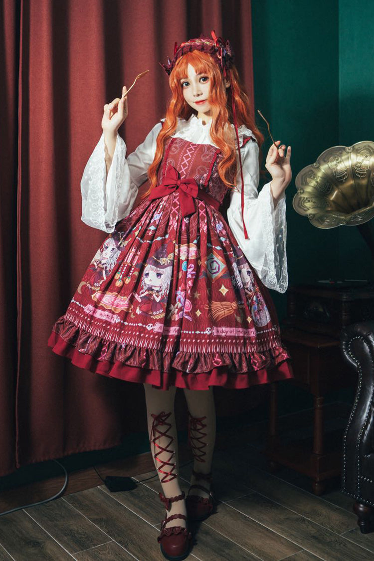 Red Little Witch Sleeveless Print Ruffle Bowknot Sweet Elegant Lolita Jsk Dress