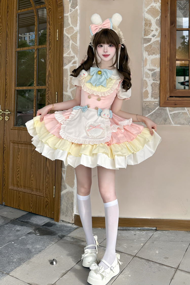 Yellow/Pink Cream Puffs Short Puff Sleeves Triple-Layered Ruffle Bowknot Sweet Lolita Dress