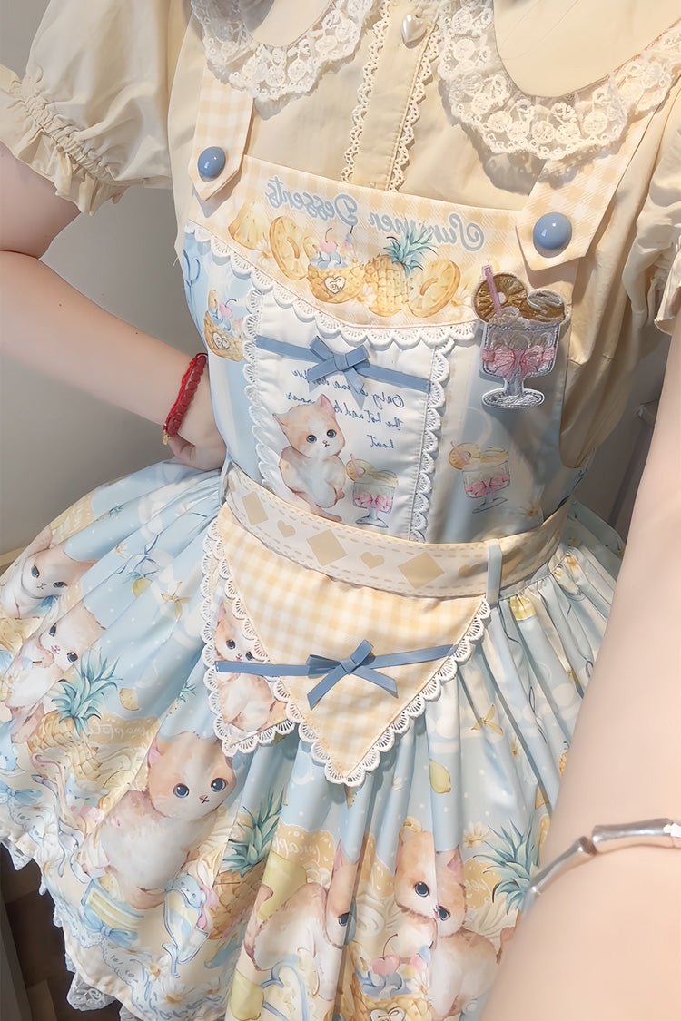 Blue Pineapple Cat Print Sleeveless Bowknot Lace Sweet Lolita Strap Dress