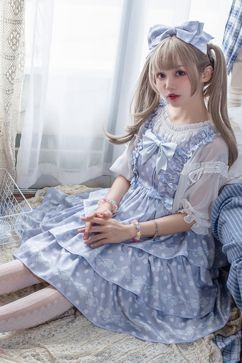 Polka Dot Print Sleeveless Bowknot Multi-Layer Ruffled High Waisted Sweet Lolita Tiered JSK Dress