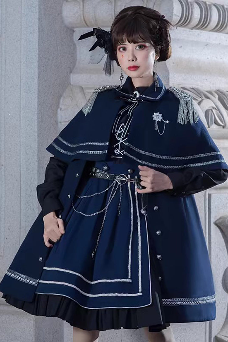Blue Ruffle Lace-Up Gothic Military Handsome Lolita Dress