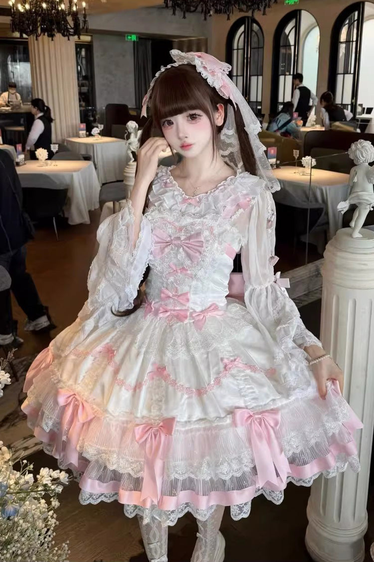 Pink/White Scarlet Heart Cocoa Sleeveless Triple-Layered Ruffle Embroidery Bowknot Lace Sweet Lolita Jsk Dress