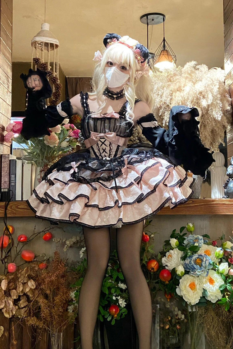 Black/Pink Sleeveless Multi-layer Ruffle Bowknot Lace-Up Gothic Princess Lolita Jsk Dress