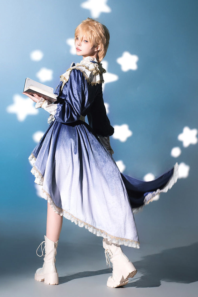 Blue Long Sleeves Ombre Ruffled Bow Ouji Gothic Lolita Swallowtail Dress Shorts Set