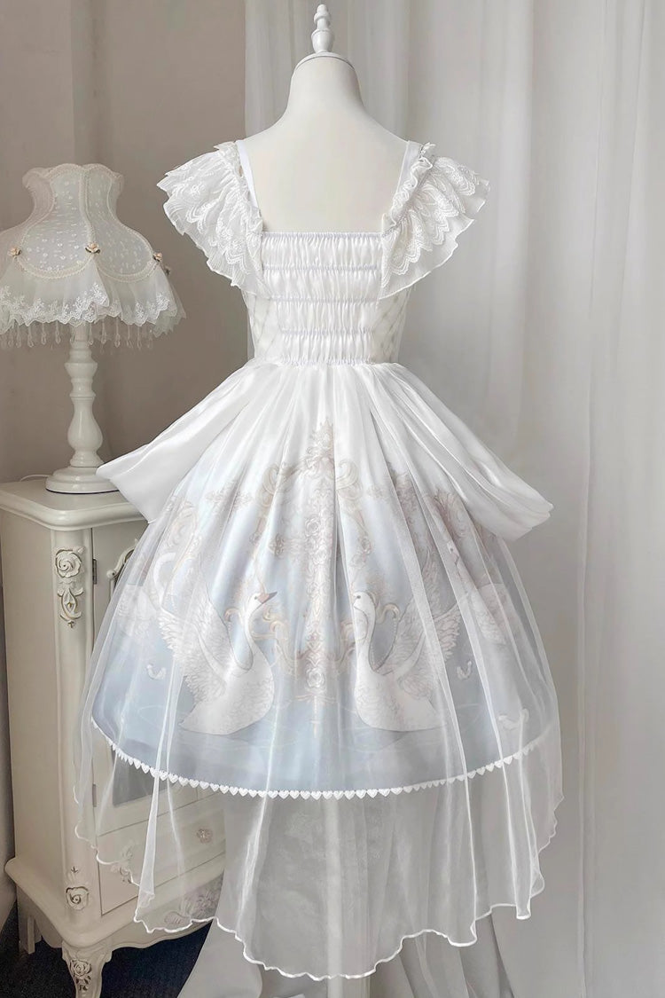 White/Blue Flower and Letter Swan Lake Print Ruffle Bowknot Elegant Lolita Jsk Dress