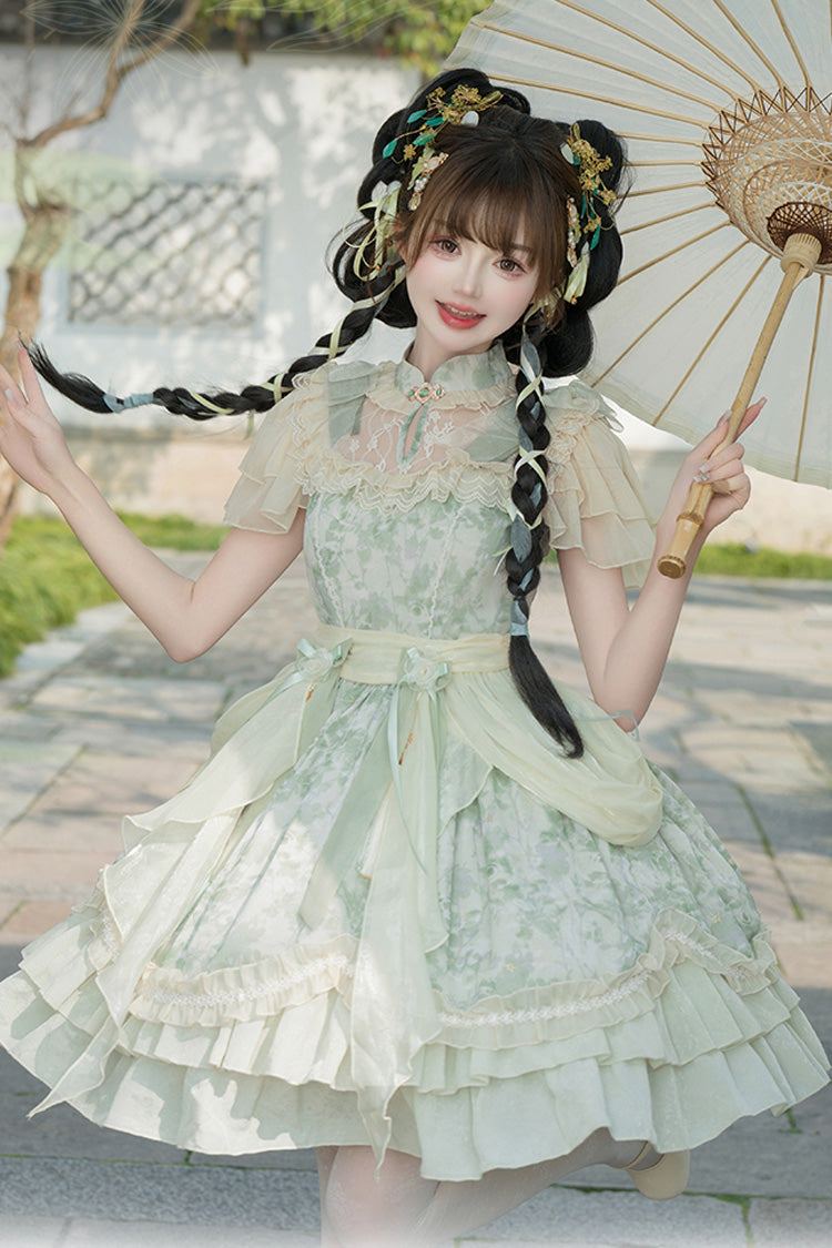 Green Pepper Chiffon Double-Layered Ruffle Bowknot Lace Sweet Chinese Style Lolita Dress