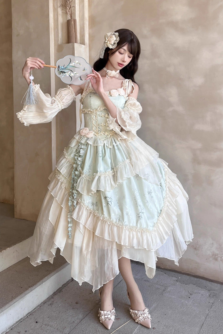 Green Tea Bamboo Song Sleeveless Print Ruffle Bowknot Sweet Chinese Style Elegant Ballet Lolita Jsk Long Dress