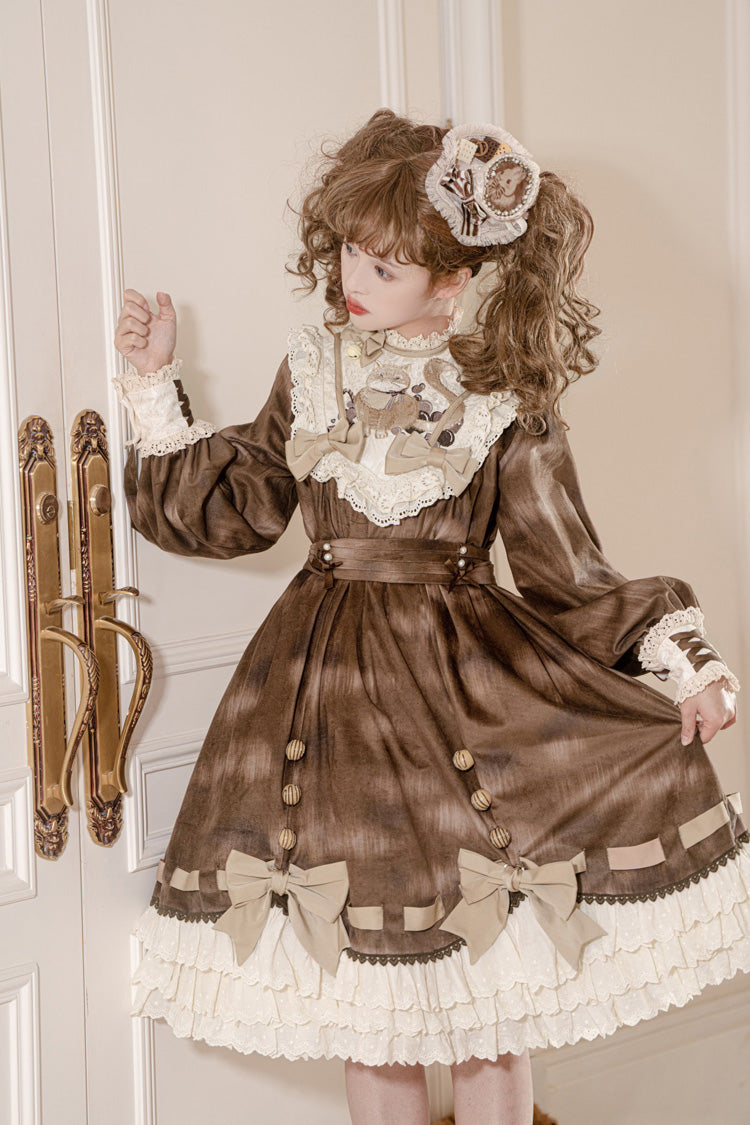 Brown Chocolate Cat Print Long Sleeves Ruffle Bowknot Sweet Lolita Dress