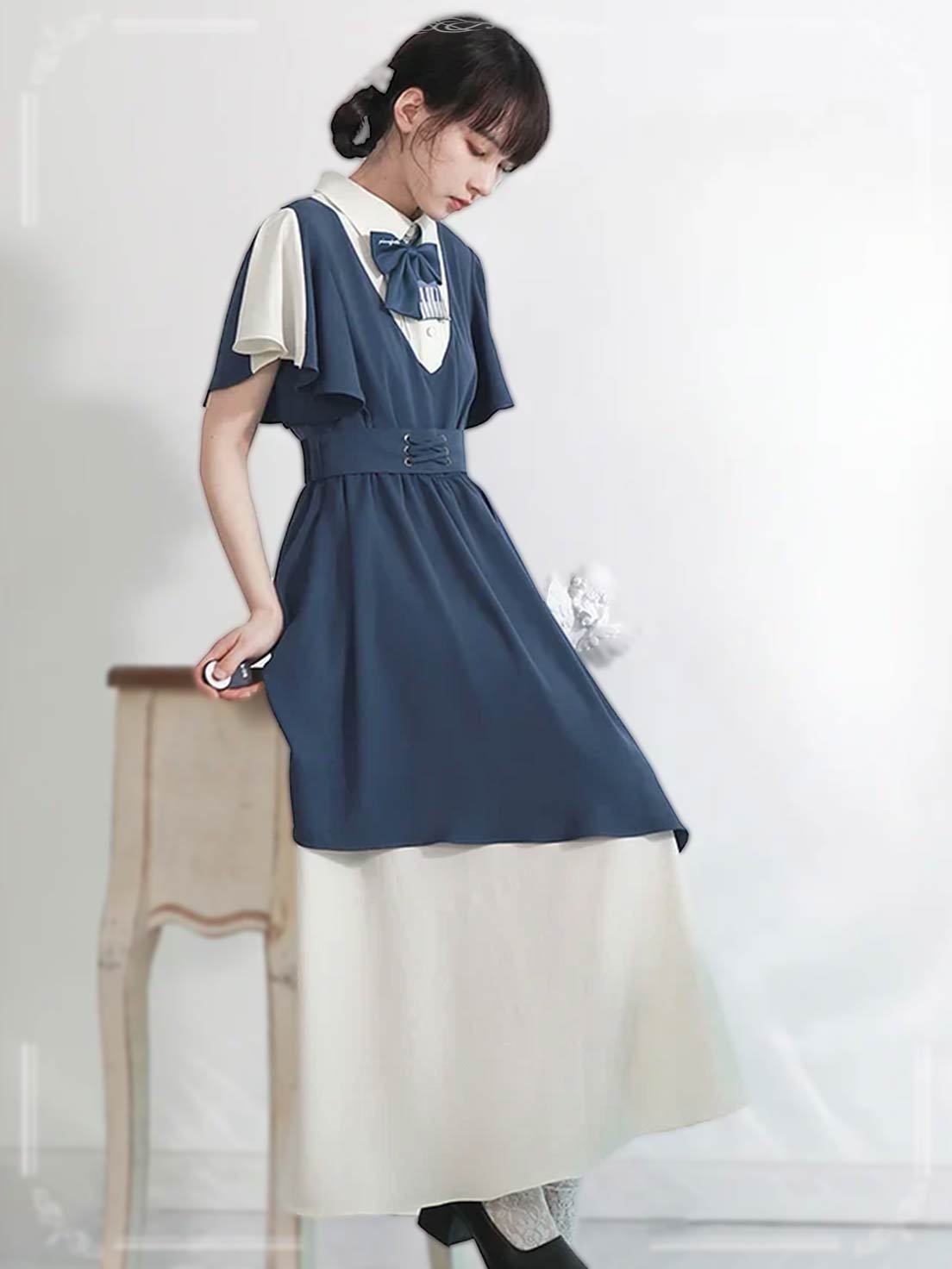 Artistic Bow Accented Layer Dress College Style Chiffon Summer and Autumn