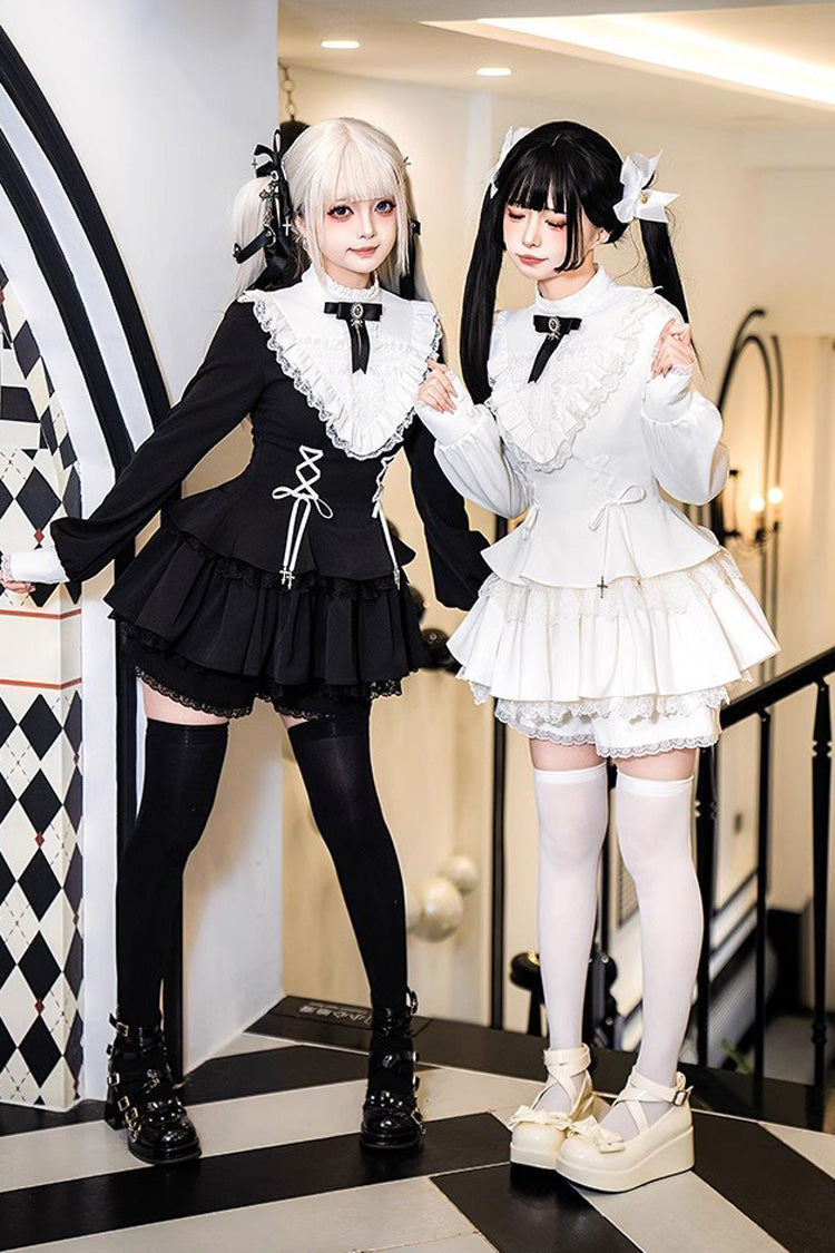 White Long Sleeves Ruffle Lace-Up Sweet Handsome Lolita Dress