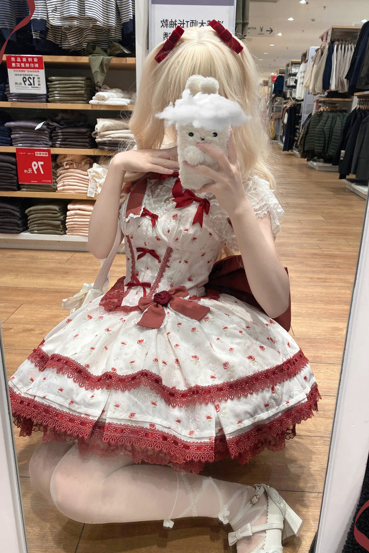 Wine Red First Love Rose Multi-Layered Print Ruffle Bowknot Lace Sweet Lolita Jsk Dress Set