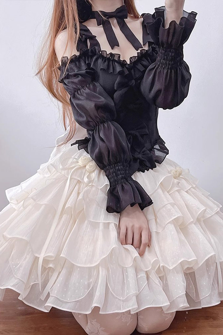 Black/Apricot Multi-layer Ruffle Sweet Princess Lolita Skirt Set