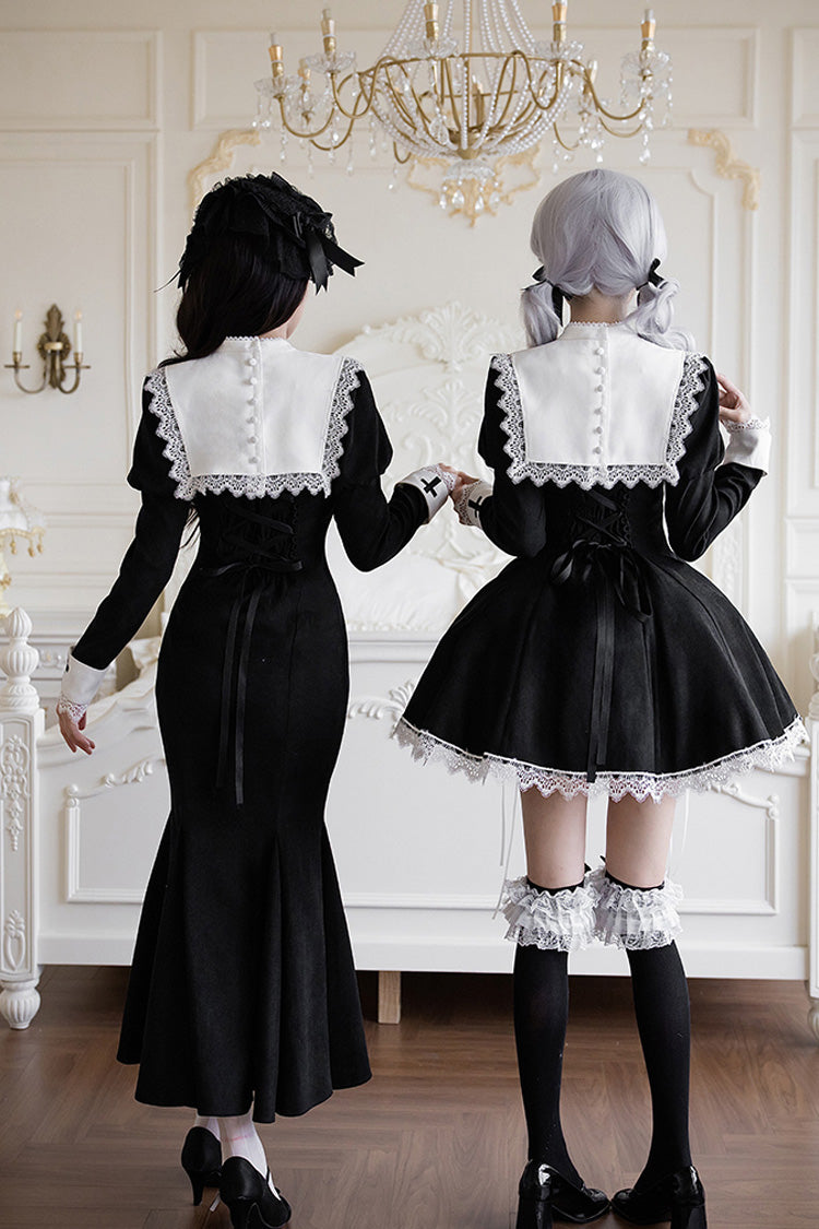 Black/White Rose Doll Square Collar Long Sleeves Bowknot Lace-Up Gothic Lolita Dress Set 2 Versions