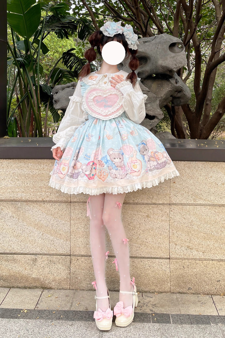 Blue Baked Bear Print Ruffle Sweet Lolita Skirt
