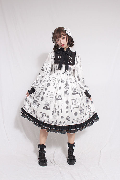 White Christian Pious Duck Print Long Sleeves Bowknot Sweet Lolita OP Dress