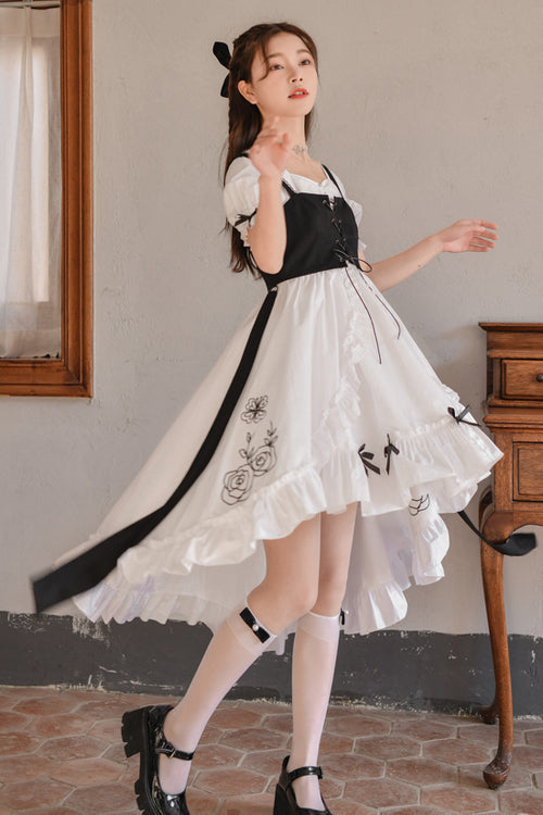 White Square Collar Short Sleeves Floral Embroidery High Waisted Cardigan Sweet Lolita OP Dress