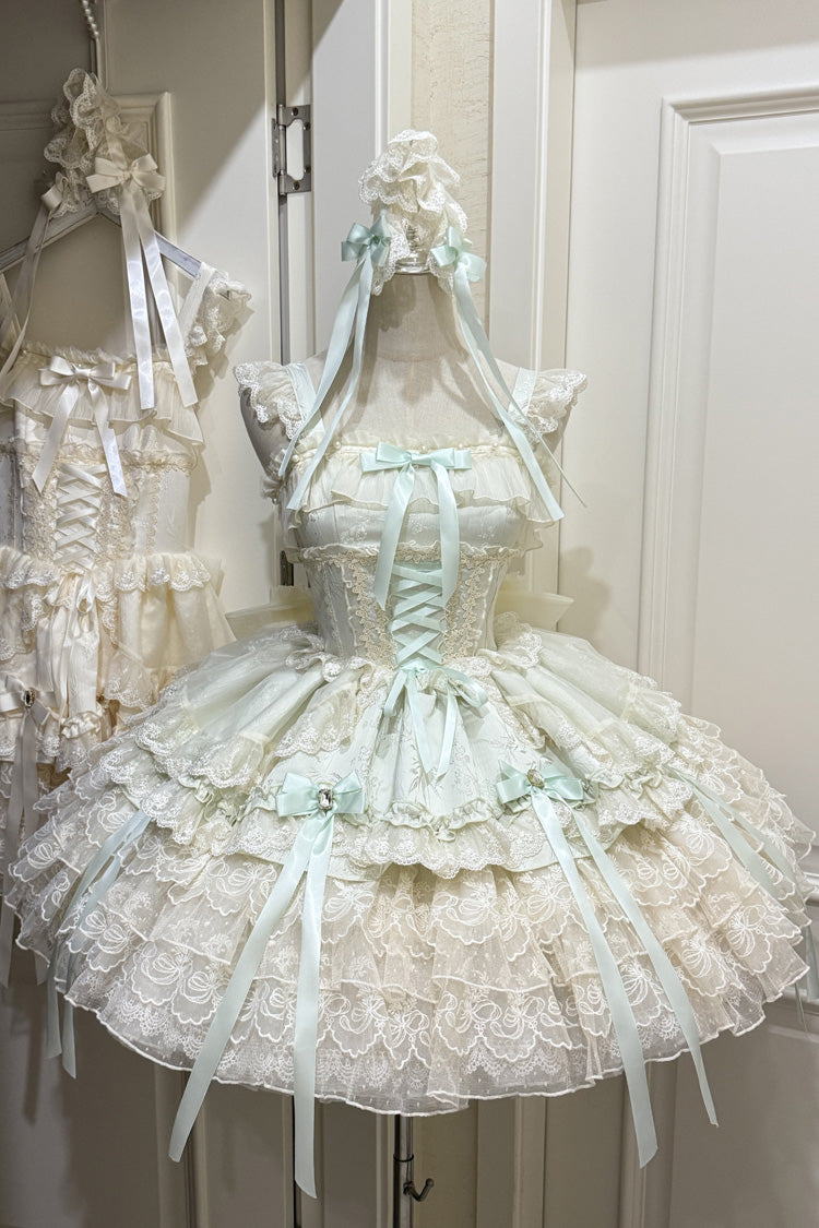 Green Ribbon Heart Love Sleeveless Multi-Layered Ruffle Bowknot Lace Lace-Up Sweet Princess Ballet Lolita Jsk Dress