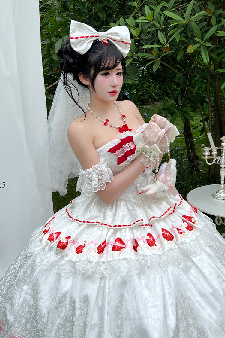White True Love Strawberry Print Off Shoulder Sleeveless Ruffle Bowknot Lace Sweet Princess Lolita Dress Set