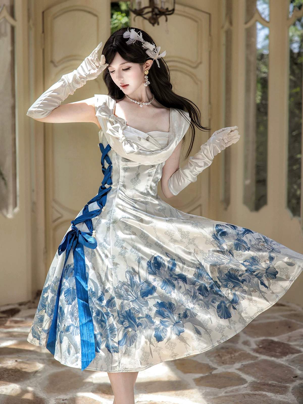 Blue Floral Print Sleeveless Drape Collar Side Lace-Up Bow Sweet Princess Vintage Lolita Dress