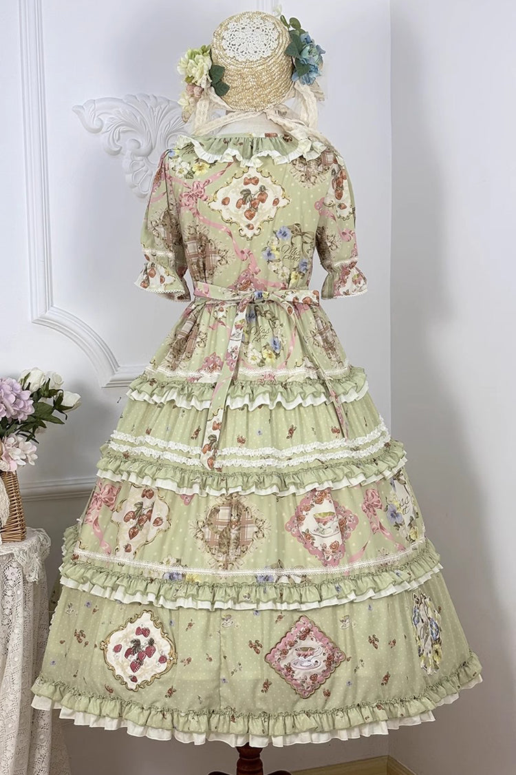 Green Cat Rose Tea Short Sleeves Print Ruffle Cardigan Bowknot Sweet Gorgeous Lolita Dress