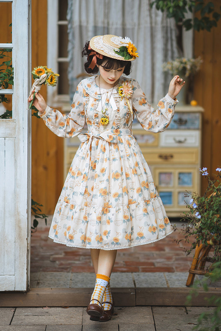 Apricot Gardening Sunflower Long Sleeves Print Ruffle Bowknot Sweet Elegant Lolita Dress
