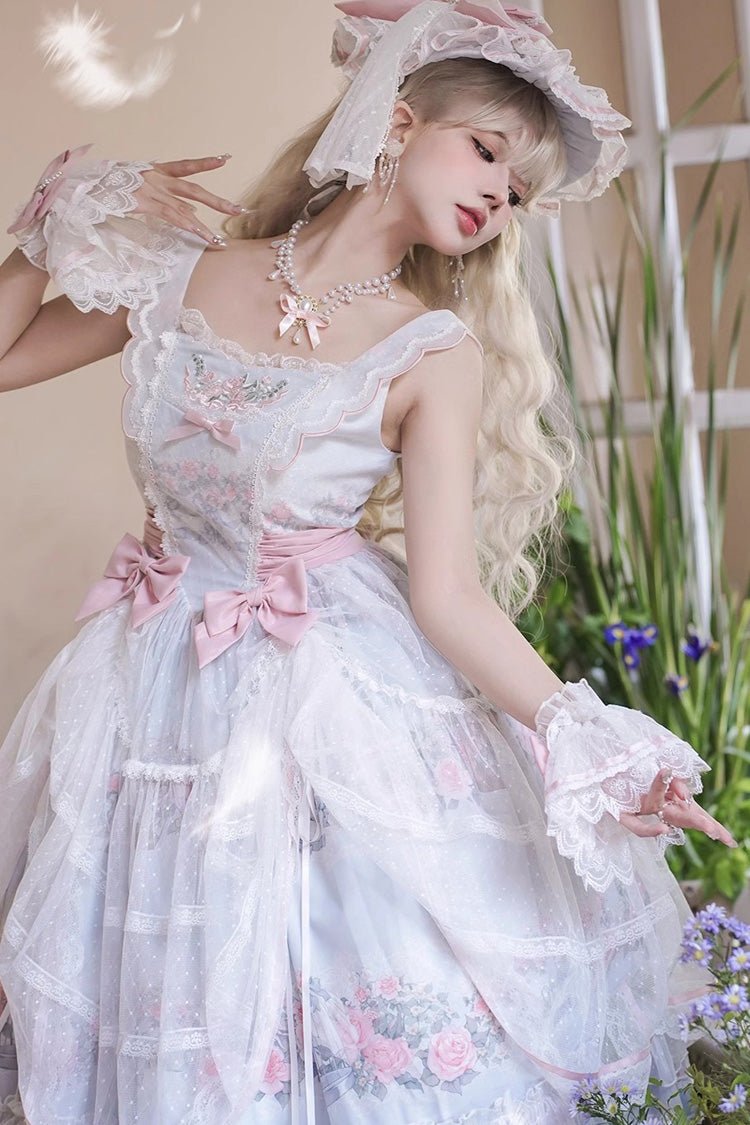 Multi-Color Rose Flower Cage Print Ruffle Bowknot Sweet Elegant Lolita Jsk Dress