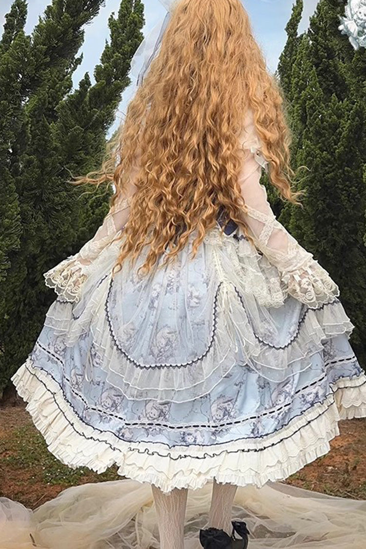 Blue Swing Cat Print Ruffle Bowknot Lace Sweet Elegant Lolita Jsk Dress