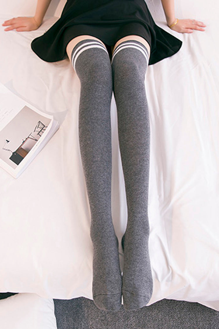 Multi-color Two Stripes School Style Print Lolita Silk Socks 5 Colors