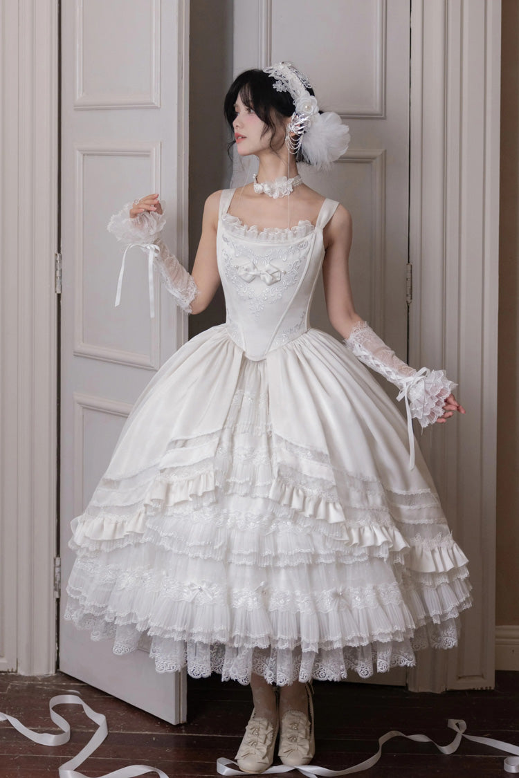 White Promise of the Rose Multi-Layered Ruffled Hanayome Open-Front Bow Sweet Gorgeous Lolita Jsk Dress Set