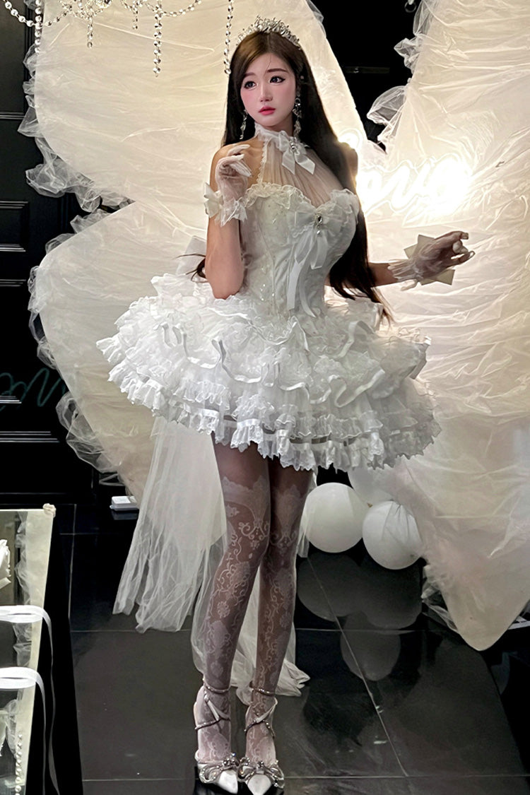 White Love God Bride Halterneck Ruffle Hanayome Bowknot Lace Sweet Princess Lolita Jsk Dress