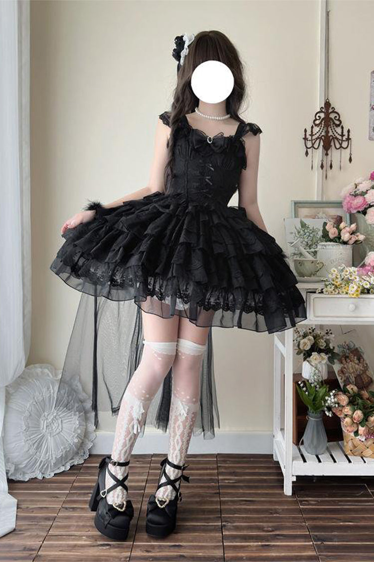 Black From Broken Wings to Rebirth Sleeveless Multi-Layered Ruffle Bowknot Lace-Up Gothic Ballet Lolita Jsk Dress