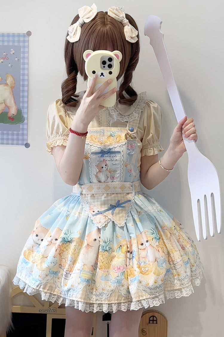 Blue Pineapple Cat Print Sleeveless Bowknot Lace Sweet Lolita Strap Dress