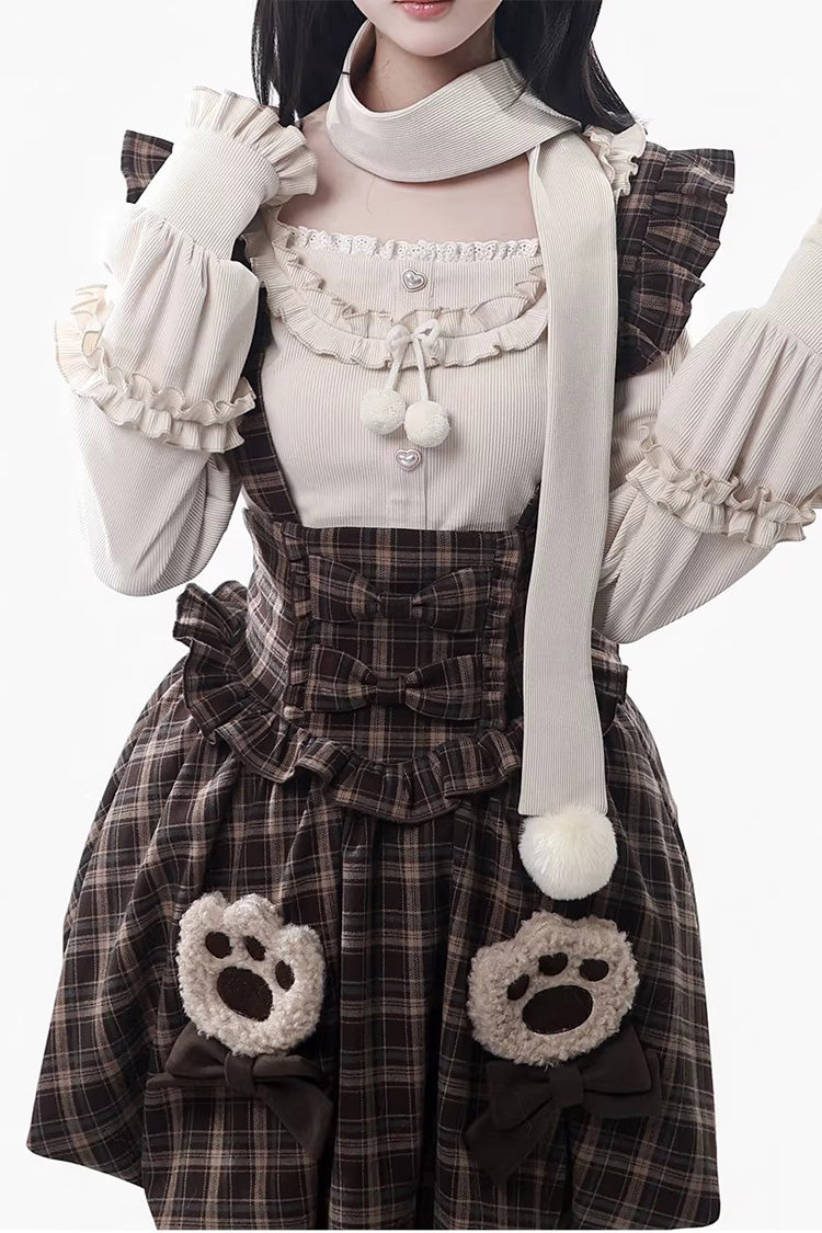 Brown Fluffy Little Bear Plaid Printed Ruffled Bow Sweet Lolita Strap Dress