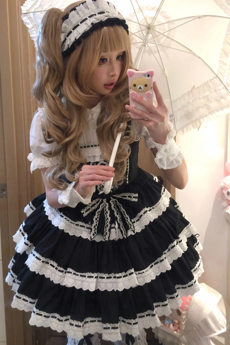 Black Maiden Heart Triple-Layered Ruffle Bowknot Lace Sweet Lolita Jsk Dress