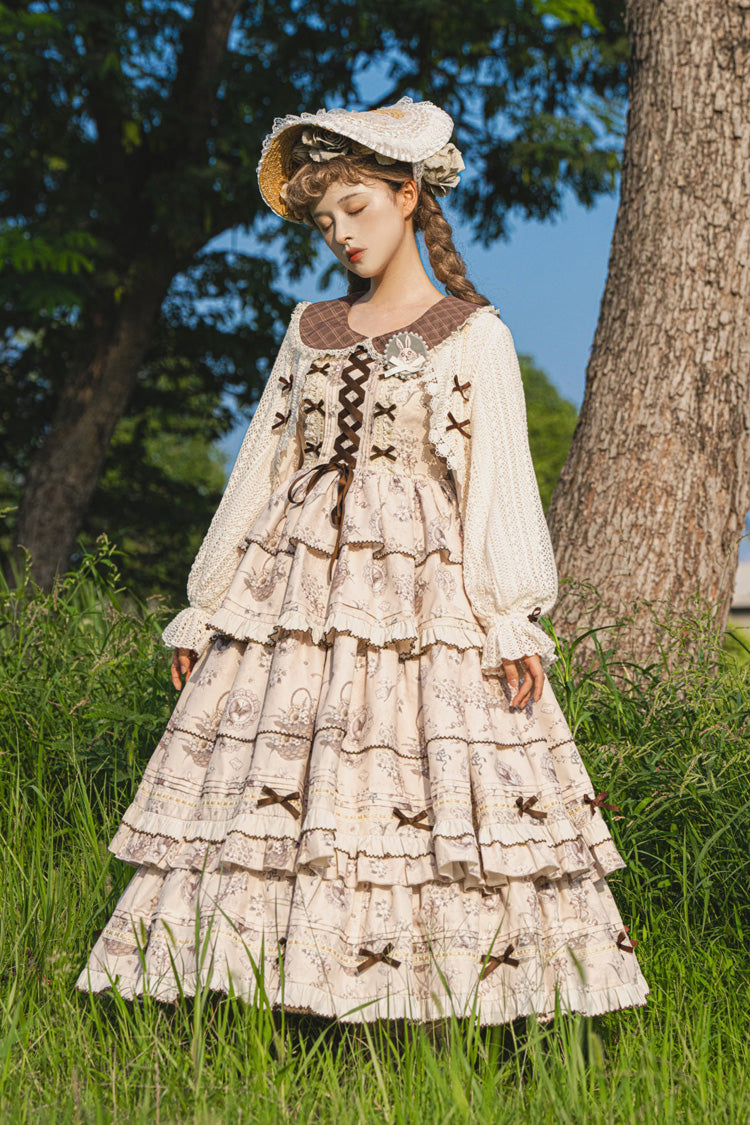Multi-Color Evening Time Multi-Layered Print Ruffle Bowknot Lace-Up Sweet Elegant Lolita Dress