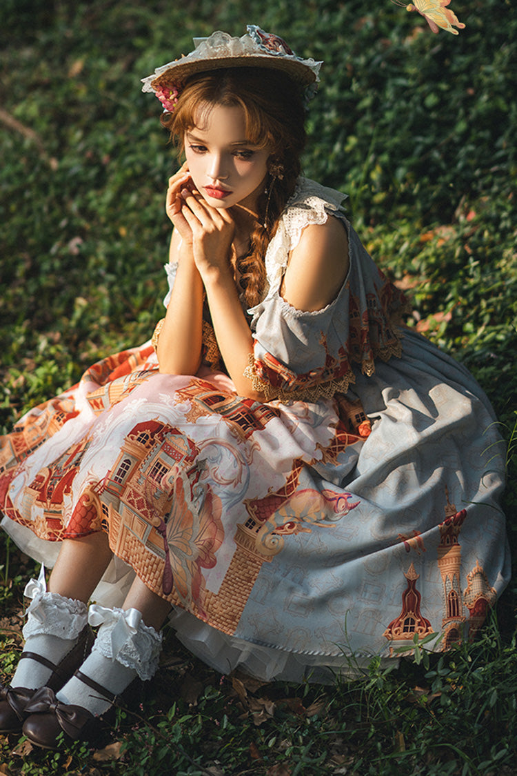 Multi-Color European Architectural Oil Painting Print Off Shoulder Short Sleeves Bowknot Sweet Lolita Dress