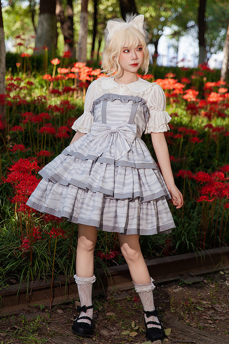 Grey Cloth Cat Triple-Layered Print Ruffle Bowknot Sweet Lolita Dress