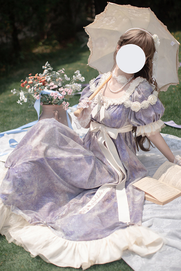 Purple Oil Painting Sun and Moon Poem Short Sleeves Print Ruffle Bowknot Sweet Princess Lolita Dress