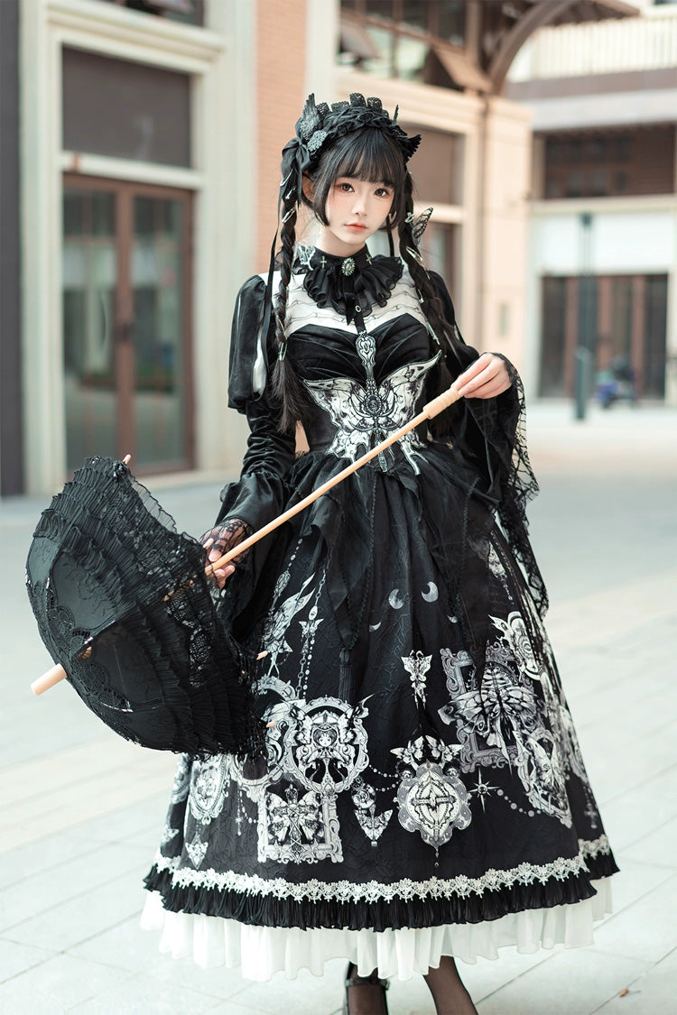 Black Feast of Bones Print Ruffle Bowknot Lace Gothic Elegant Lolita Long Dress