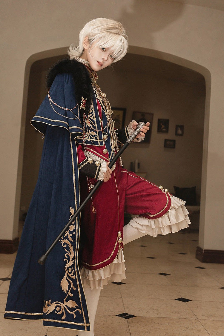 Red/Blue Royal Glory Stand Collar Long Sleeves Ruffled Embroidered Gothic Vintage Prince Palace Ouji Lolita Set