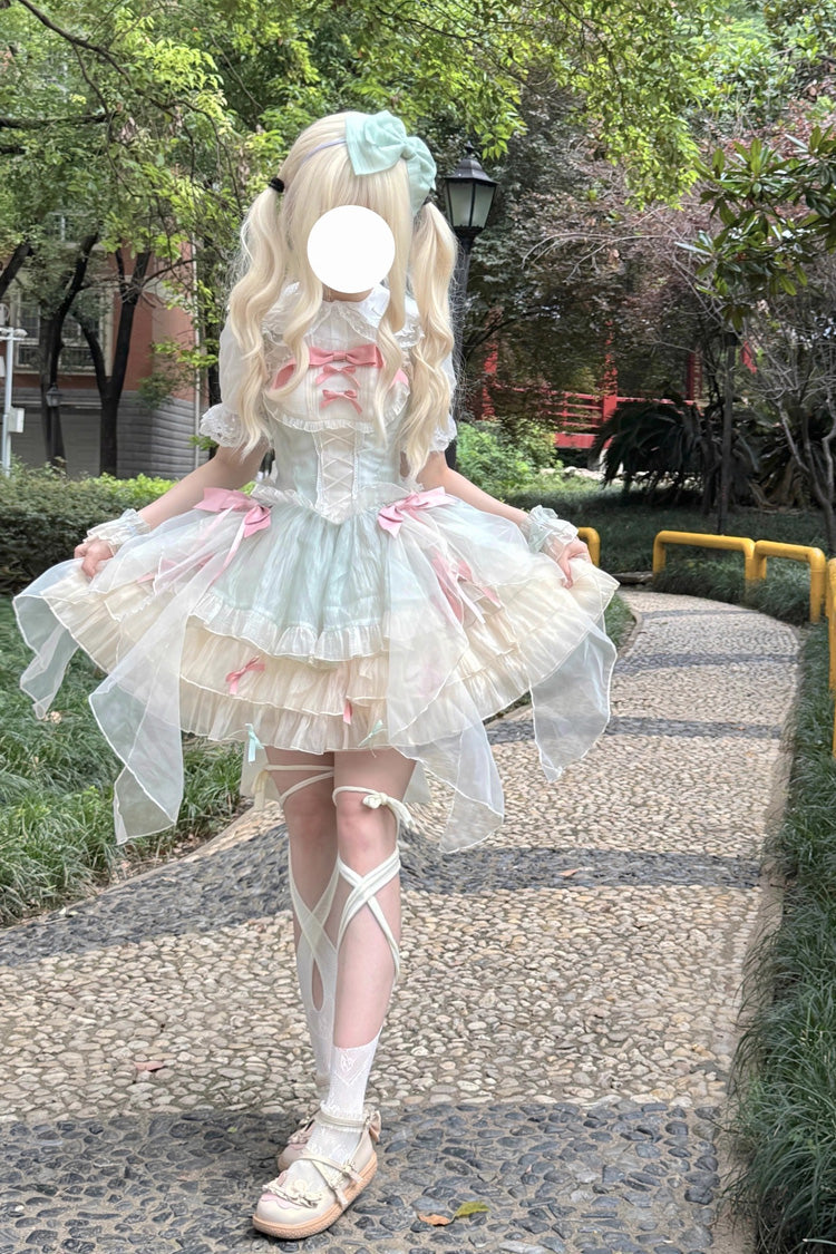 Green Camellia Love Sleeveless Triple-Layered Ruffle Bowknot Lace Sweet Princess Lolita Jsk Dress