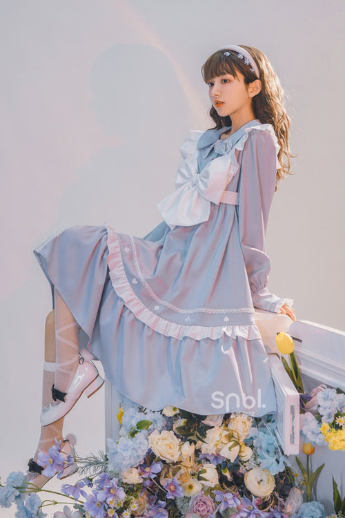 Blue Doll Collar Single Breasted Princess Sleeves High Waist Magic Playing Cards Sweet Lolita OP Dress