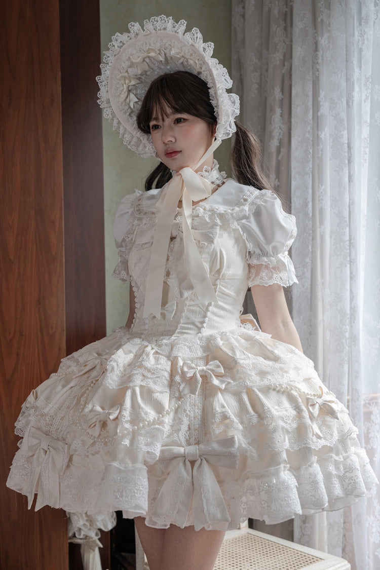Ivory Small Cakes Sleeveless Multi-Layered Ruffle Bowknot Lace Sweet Lolita Jsk Dress