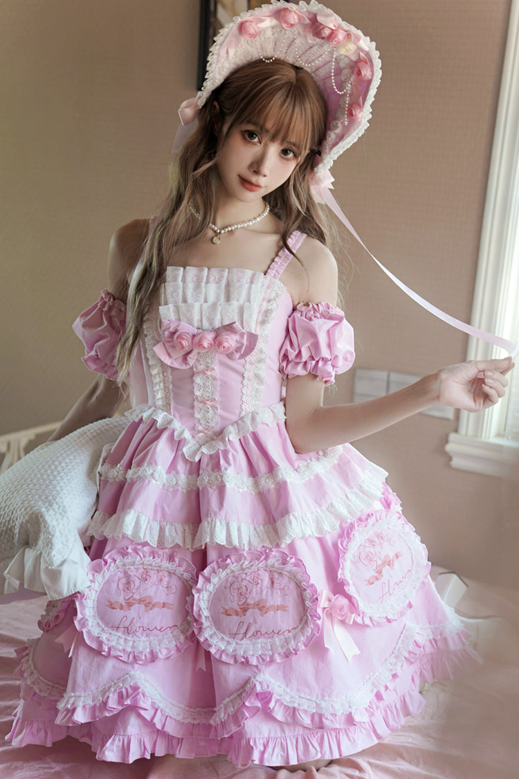 Pink Butterfly Dream Multi-Layered Print Ruffle Bowknot Sweet Princess Lolita Jsk Dress