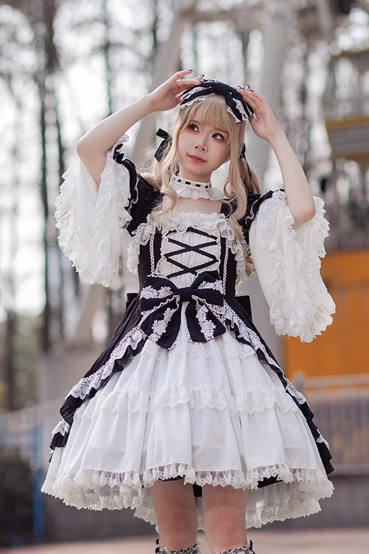 White/Black Short Sleeves Cardigan Bowknot Doll Sweet Lolita Dress